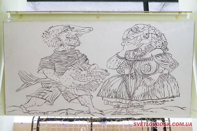 "Рыбак и рыбачка", 110х220 см, цветной карандаш, акрил на холсте. 2014.